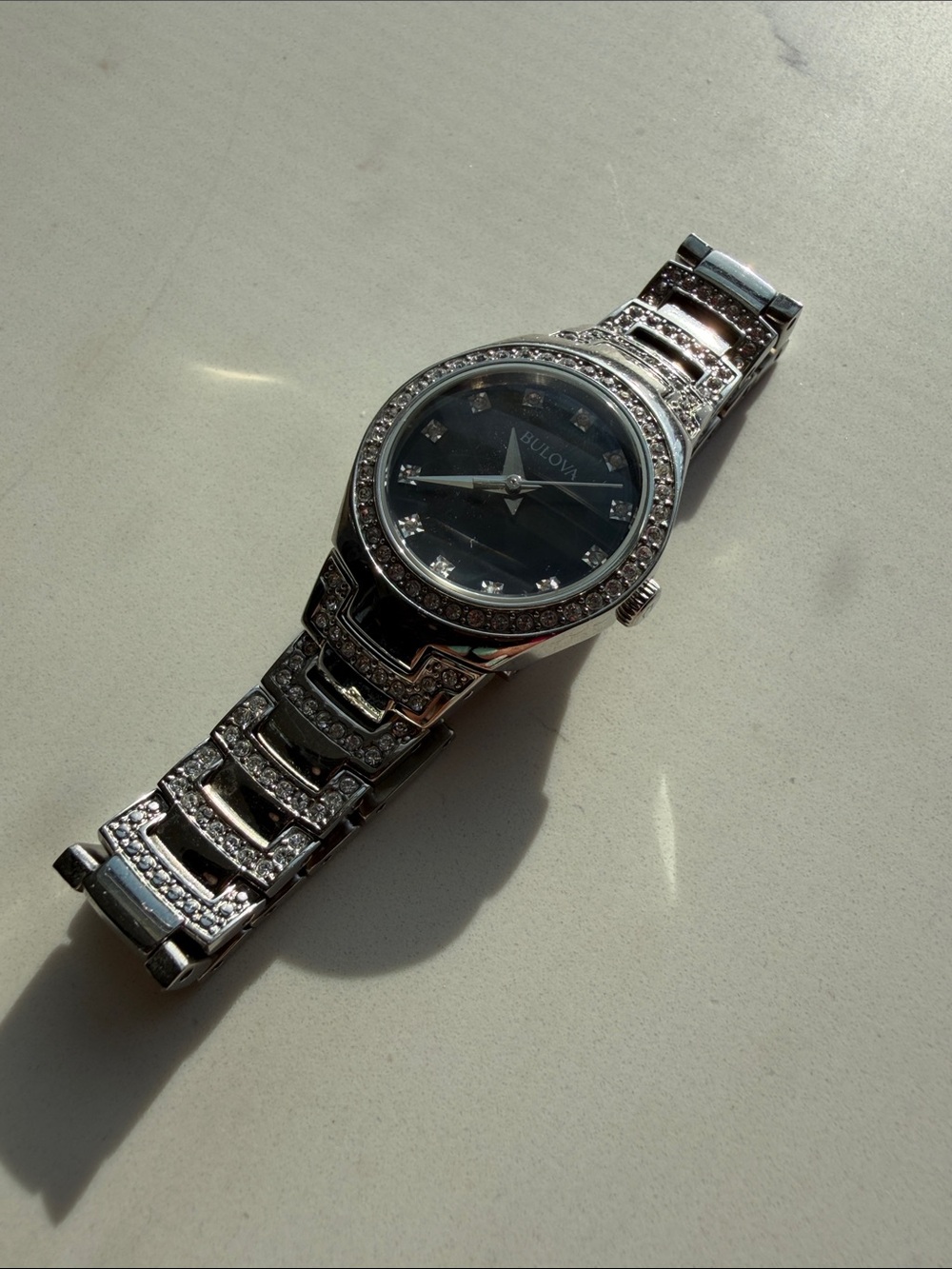 Bulova Women's Silver Crystal-Accent Bracelet Watch - Black Dial